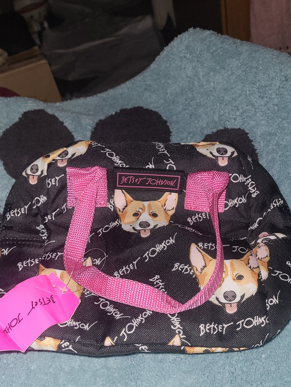 Betsey Johnson Corgi Print Insulated Lunch Bag in Black & Pink NWT